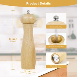 Wellong Wooden Pepper Grinder, 8 Inches Salt Grinder with Adjustable Coarseness Pepper Mill, Refillable Manual Salt Grinder, Oak Wood Salt and Pepper Grinder Mill for Kitchen - Natural