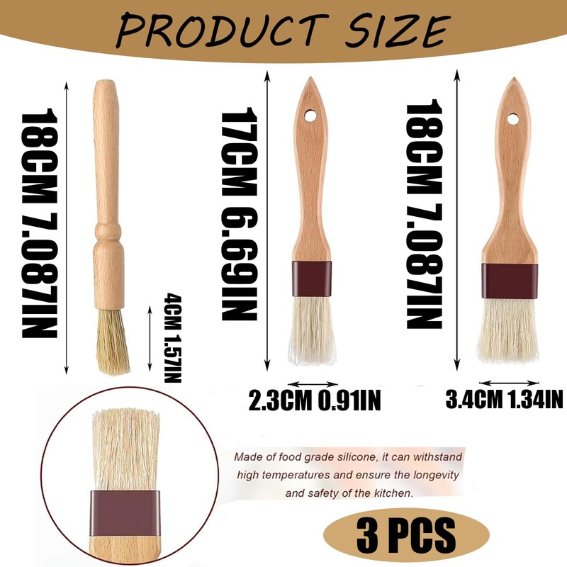 3 PCS Pastry Brushes,Wooden Durable Cooking Brush for Baking, BBQ
