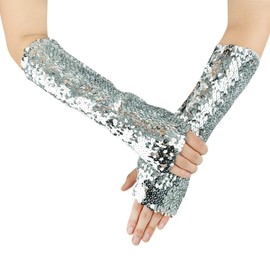 JISEN Shiny Sequins Oversleeves Arm Warmer Stretchy Fingerless Gloves A-Silver