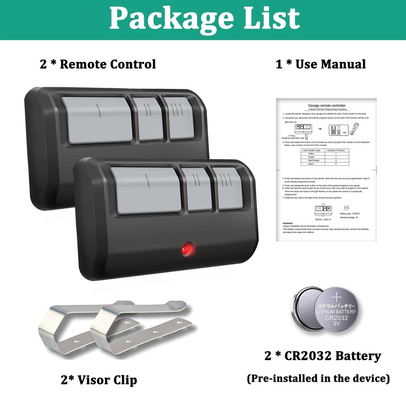 Universal Garage Door Opener Remote with Visor Clip, Works for
