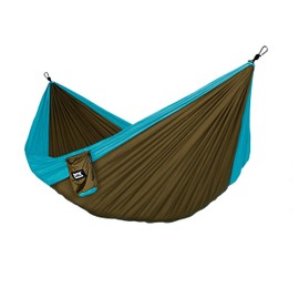 Fox Outfitters Neolite Double Camping Hammock - Lightweight Portable Nylon Parachute Hammock for Backpacking, Travel, Beach, Yard. Hammock Straps & Steel Carabiners Included (Sky Blue/Bronze)