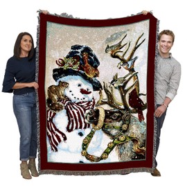 Snowman and Prancer - Donna Race - Blanket Throw Woven from Cotton - Made in The USA (72x54)