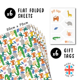 CENTRAL 23 Jungle Wrapping Paper - 6 Sheets Of Gift Wrap - Elephant Tiger Giraffe Crocodile Monkey - Kids Wrapping Paper For Boys And Girls - Birthday Christmas Baby Shower - Recyclable