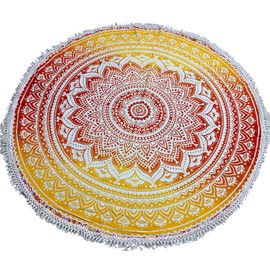 Mandala Round Beach Tapestry Boho Hippie Blanket Bohemian Large Table Cloth Home Decor Yoga Mat Meditation Picnic Rug Throw Hippy Gypsy Tablecloth Roundie (42 Inches, Yellow-Orange)