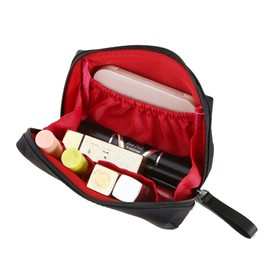Phyxiul Makeup Pouch, Large Capacity, Makeup Pouch, Lightweight, Portable, Multi-functional, Organizable, Easy to Use, Stylish, Popular, Women's, Men's, For Business Trips, Travel (Black in Red)