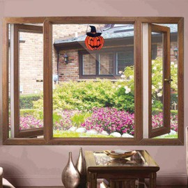 Bieye W10106 Curved Pumpkin with Witch Hat Tiffany Style Stained Glass Window Panel for Home Decor