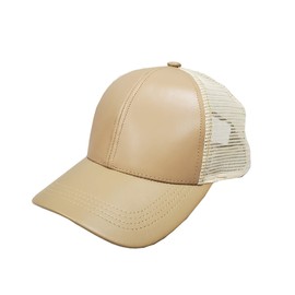 Emstate Genuine Leather Summer Trucker Mesh Cap Hat Snapback Made in USA (Khaki Mid Profile)