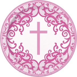 Fancy Pink Cross Round Dinner Paper Plates - 9" (Pack of 8) - Elegant & Disposable Party Essential for Religious Events and Any Occasions