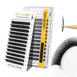 NAGARAKU Wet Camellia Eyelash Extension, Individual Lashes 3 Multi-length Fans Premium Matte Black Natural Pre-Glued Classic Lash Extensions Mega Volume Beauty Salon Supplies - 0.07D 10-11-12