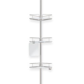 Better Living Fineline 3 Tier Tension Shower Pole Caddy with Mirror, Adjustable 3 Large Baskets, Rust-Resistant Stainless Steel Shower Organizer, Storage Hooks, No Drill, 66"-108", Silver