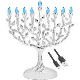 The Dreidel Company Large 12 Inch High LED Electric Silver Hanukkah Tree of Life Menorah - Includes a Micro USB 4' Charging Cable or Uses 3 AA Batteries (not Included)