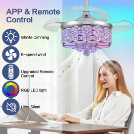 Zynfandor 30" RGB Crystal Retractable Ceiling Fan with Light Dimmable LED Chandelier, Remote & App Control, 6-Speed Timer, Memory Function for Bedroom Living Room,Silver