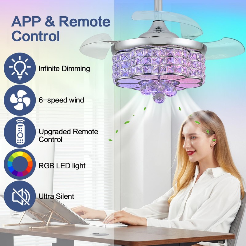 Zynfandor 30" RGB Crystal Retractable Ceiling Fan with Light Dimmable