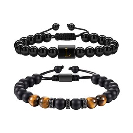 Initial Beaded Bracelets for Men, Mens Bracelets Gifts for Him, Tiger Eye Bracelet for Dad Grandad Son Uncle Brother, Beads Bracelet Present for Birthday Fathers Day Christmas Valentines Day (L)