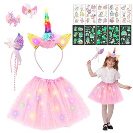Luminous Unicorn Costume Set, with Unicorn Tutu, Fibreglass Glow Sticks, Headband, Hair Clips, Unicorn Tattoos, for Girls 3-8 Years, Children's Birthday Party, Carnival, Pink