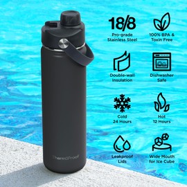 ThermoProof Hot & Cold Insulated Stainless Steel Water Bottle, Durable Leak Proof Gym Bottles for Men, Women & Kids, Double Walled Vacuum Bottles - 2 Lids (Black, 22oz)