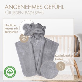 MOYO Baby Badeponcho mit Bärenohren in Grau I Poncho Kinder Badetuch für 0-3 Jahre I Weicher Baby Poncho aus 100% Frottee-Baumwolle I Waschbares Baby Kapuzenhandtuch I Poncho Handtuch in 68x56cm