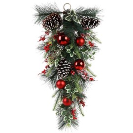Yueyela 28'' Christmas Teardrop Swag for Front Door with Pinecones, Red Berries, Red Christmas Balls Branches for Xmas Home Indoor and Outdoor Decor (1pcs/Unit)