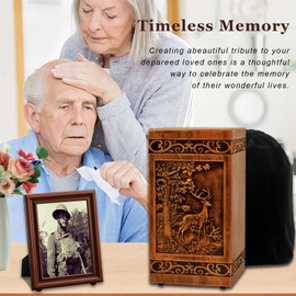 Wooden Urn for Ashes Adult Male Female,Decorative Burial Funeral Memorial Urn, Burial Casket Keepsake with Velvet Bag (Brown, 10, Deer)
