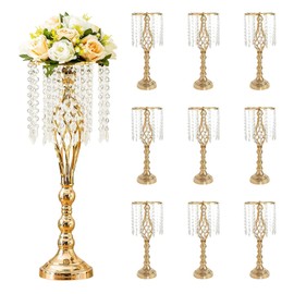Hyuetrsa 10 Pcs Crystal Flower Stand Wedding Centerpieces for Table, 21.7 Inch Tall Metal Flower Arrangement Stand with Crystal Beads Flower Vase for Home Decor