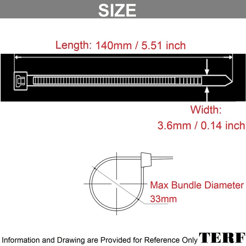 TERF® 100 Pcs Black Cable Ties 140mm (5.51'') X 3.6mm