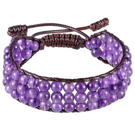 TUMBEELLUWA Healing Strand Crystal Stone Beaded Bracelet for Men and Women Adjustable Triple-Layered Stone Macrame Bracelet, Amethyst