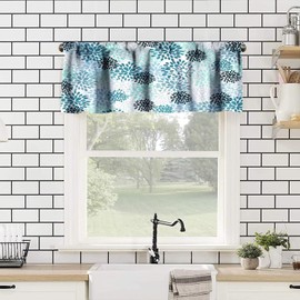 Fblifil Vintage Dahlia Window Valance Teal and Gray Blue Green Turquoise Mandala Floral Printed Rod Pocket Window Curtain Valance for Bedroom Kitchen Living Room Cafe 54x18inch