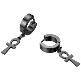 Flongo Women's Earrings Stainless Steel Creolon Rubber Fake Tunnel Screw Stud with Cross Crucifix Chain Pendant Earrings Gothic Punk for Women Men Black Silver Gold Set, Stainless Steel