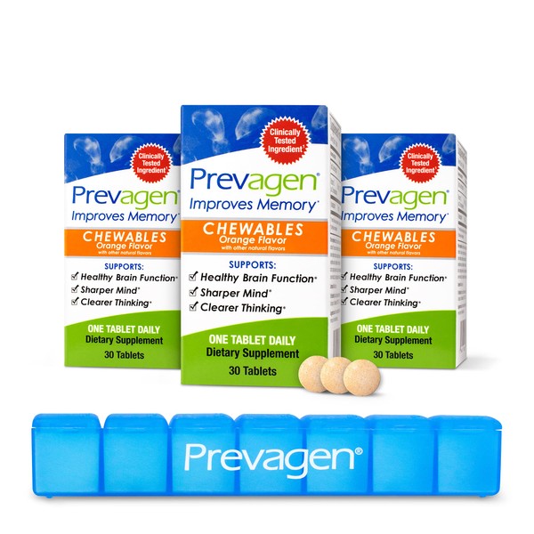 Prevagen Improves Memory - Regular Strength 10mg, 30 Chewables |Orange-3 Pack| with Apoaequorin & Vitamin D & Prevagen 7-Day Pill Minder | Brain Supplement for Better Brain Health