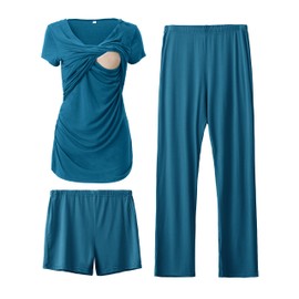 SUNNYBUY Women's Maternity Postpartum Pajamas Set, Breastfeeding Tops，Adjustable Pregnancy Shorts & Pants 3 Piece Nursing PJS, Deep Blue S