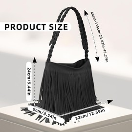 AdiStylinno Tassel Crossbody Bag Damen, PU Leder Fringe Boho Umhängetasche, Große Kapazität Bohemian Schultertasche mit Verstellbarem Gewebten Schultergurt Handytasche zum Umhängen (Schwarz)
