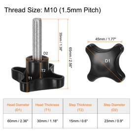 sourcing map 6pcs Star Clamping Knobs M10 x 35mm Metric Male Thread 60mm 4-Point Plastic Head Threaded Stud Knob Hand Tightening Thumb Screw Jig Handle, Black