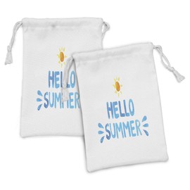 Lunarable Lifestyle Fabric Pouch Set of 2, Hello Summer Words and Sun Written Watercolor Style Design, Small Drawstring Bag for Toiletries Masks and Favors, 9" x 6", Blue and Yellow