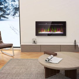 HOMCOM 36" Electric Fireplace Recessed and Wall Mounted with Remote Control, 1500W Fireplace Heater with 8H Timer, Adjustable Flame Color and Brightness, Log and Crystal