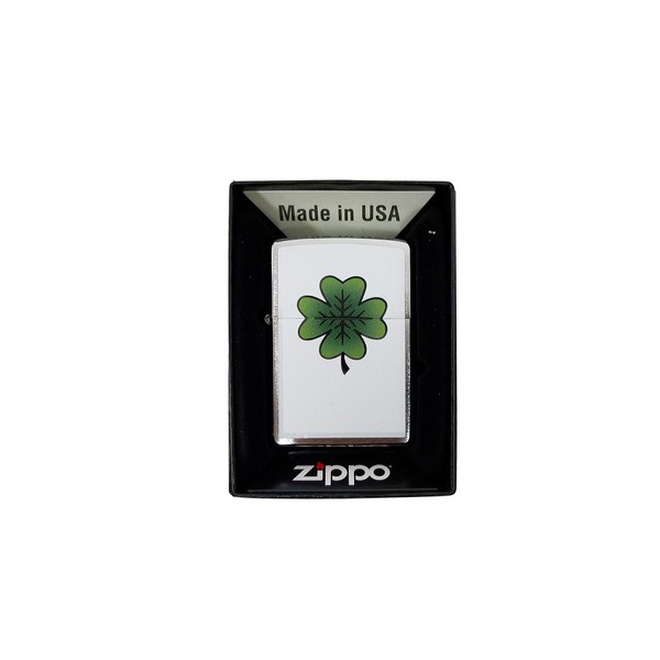 Zippo Custom Lighter - Brush Finish Chrome Lucky Irish Four Leaf Clover Design Collectible Zippo Lighter Gift