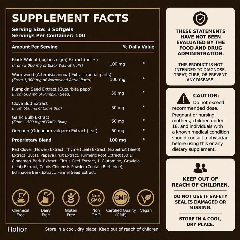 Holior Wormwood Black Walnut Cloves – 300 Count, Digestive &