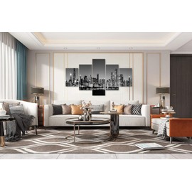 5 Pcs Abstract Cityscape Chicago Skyline Wall Art Black and White Modern Panoramic Cityscape Picture Painting Bedroom Office Living Room Home Decoration City View Framed Ready to Hang - 60" Wx 40"H