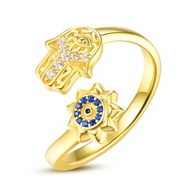 KINGWHYTE Evil Eye Hamsa Hand of Fatima Ring Gold Plated 925 Sterling Silver Adjustable Open Rings Good Luck Protection Jewellery Gifts for Women