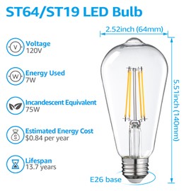 TORCHSTAR 12-Pack ST64 LED Bulb Dimmable, LED Vintage Edison Light Bulbs, 75W Equivalent, 7W 800Lumens Antique LED Filament Bulbs, Soft White 2700K, E26/E27 Base, UL Listed, Clear Glass