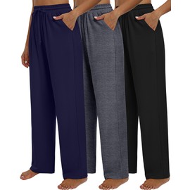Neer 3 Pack Women's Baggy Sweatpants with Pockets, Wide Leg Yoga Pants Cozy Thick Lounge Pants Drawstring Casual Loose Jogger(XX-Large,Black, Dark Gray, Navy Blue)