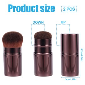2pcs Travel Face Blush Brushes, Retractable Makeup Kabuki Brush Portable Powder Foundation Sunscreen Brush for Blending Cosmetics(Coffee + Three-Color Hair)