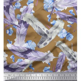 Soimoi Brown Velvet Fabric Floral & Artistic Feather Print Fabric by Yard 58 Inch Wide