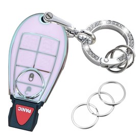 EJOAOJE Key Protective Shell for Dodge Key Fob Cover with Keychain Fit for Dodge RAM 1500 2500 3500 Grand Caravan Journey Durango Jeep Grand Cherokee Smart Key Accessories (Pink-Silver, 3-Button)