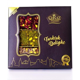 Turkish Delight Luxury Assorted Gourmet Gift Box Fantastic Rose & Pomegranate Flavor Experience With Pistachio (9-11 Pcs) 8.8 oz