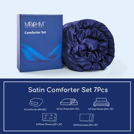 MR&HM Satin Comforter Full 7 Pieces - Luxurious Pinch Pleat Bedding Set with Comforter, Flat Sheet, Fitted Sheet, Pillowcases & Shams, Super Silky Soft Bed Set for All Season (Full, Navy Blue)