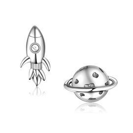 Planet Earrings 925 Sterling Silver Planet Stud Earrings Dainty Earth and Rocket Earrings Hypoallergenic Earth Rocket Asymmetrical Stud Earrings Jewelry for Women