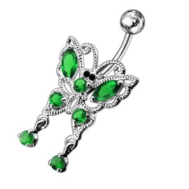 Dark Green CZ Crystal Stone Filigree Butterfly with Twin Round Gem Dangling 925 Sterling Silver Belly Ring Body Jewelry