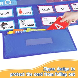 AKAYOK Standard Pocket Charts for Classroom, Clear 7 Pockets Words Chart with Extra Zip Pocket for School Home Office Fits Standard 3” Sentence Strips, Word Cards, Calendar, Visual Schedule (Blue)