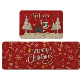 QIONG MENG Christmas Kitchen Mat Set of 2 French Bulldog Kitchen Rugs, Xmas Decorative Farmhouse Floor Mats for Home Kitchen Dining Room Decorations - 17x27 and 17x47 Inch