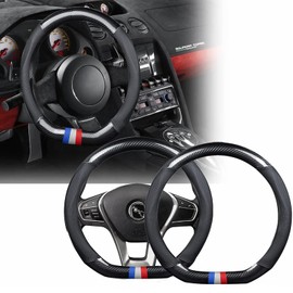 DASKING Funda para Volante De Coche, Antideslizante Volante De Coche Protector Forma De D Fibra de Carbono & Cuero PU para Diámetro 38cm (15")